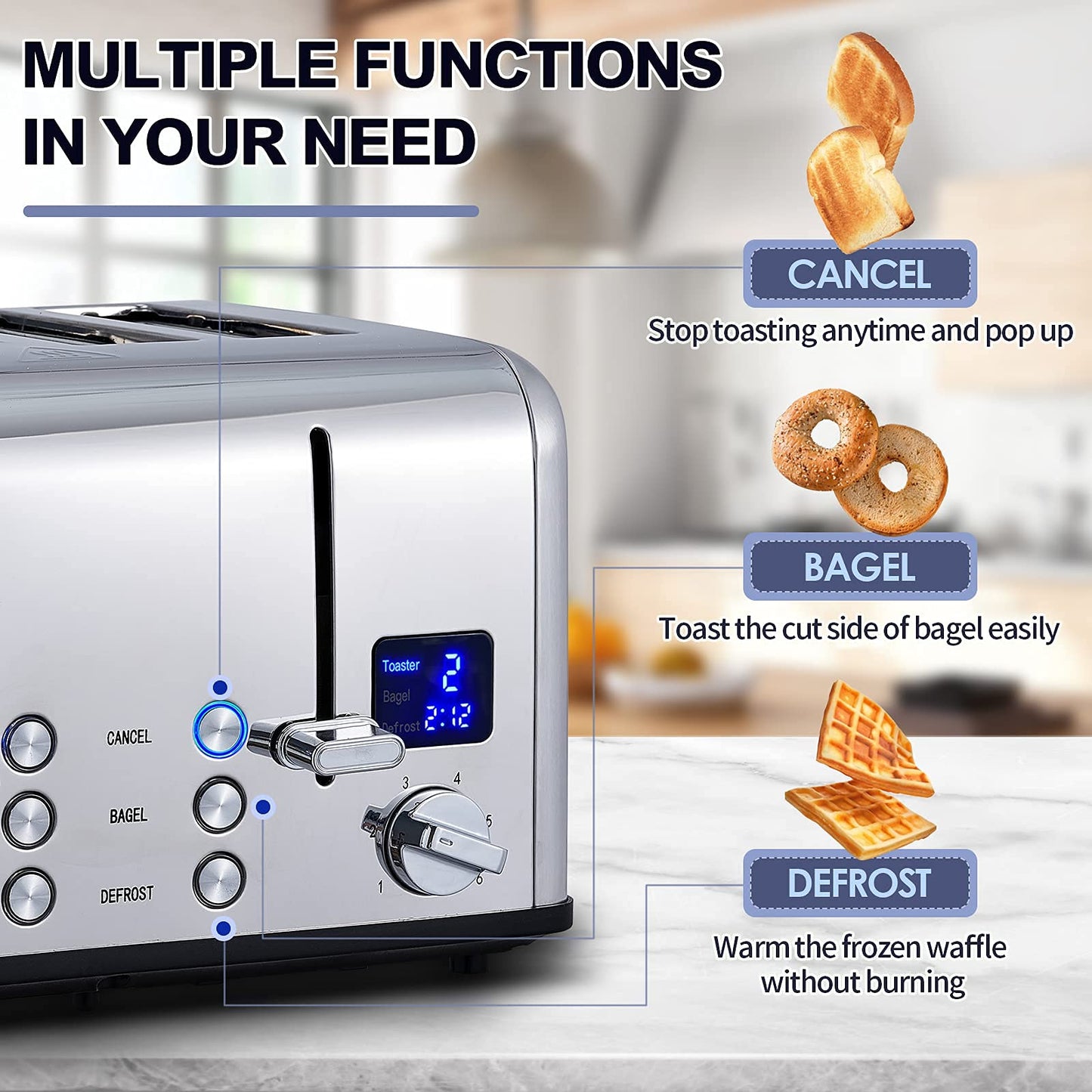 CUSIMAX 4 Slice Toaster, Ultra-Clear LED Display & Extra Wide Slots, Dual Control Panels of 6 Shade Settings, Cancel/Bagel/Defrost Function, Removable Crumb Trays, Stainless Steel Toaster