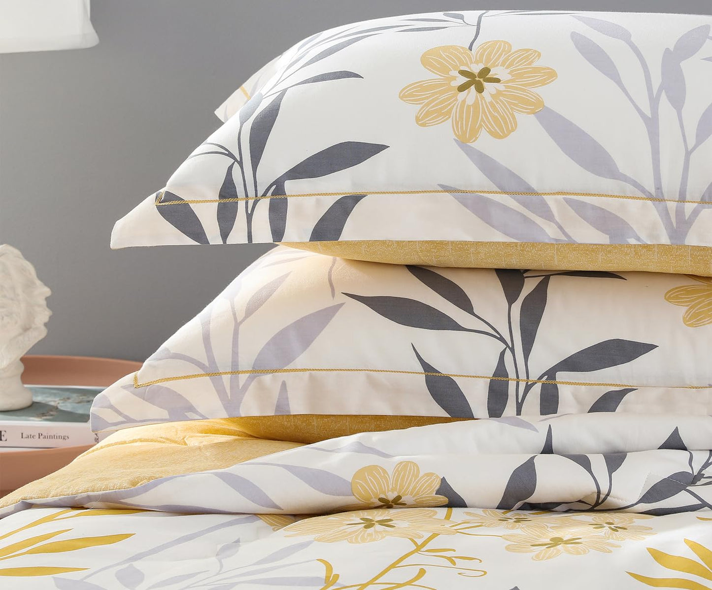 SLEEPBELLA Cotton Queen Size Comforter, 600 Thread Count Cotton Grey Branch with Yellow Flower & Grey Leaves Pattern Comforter Set,Down Alternative Bedding Set 3Pcs(Queen, Yellow Botanical)