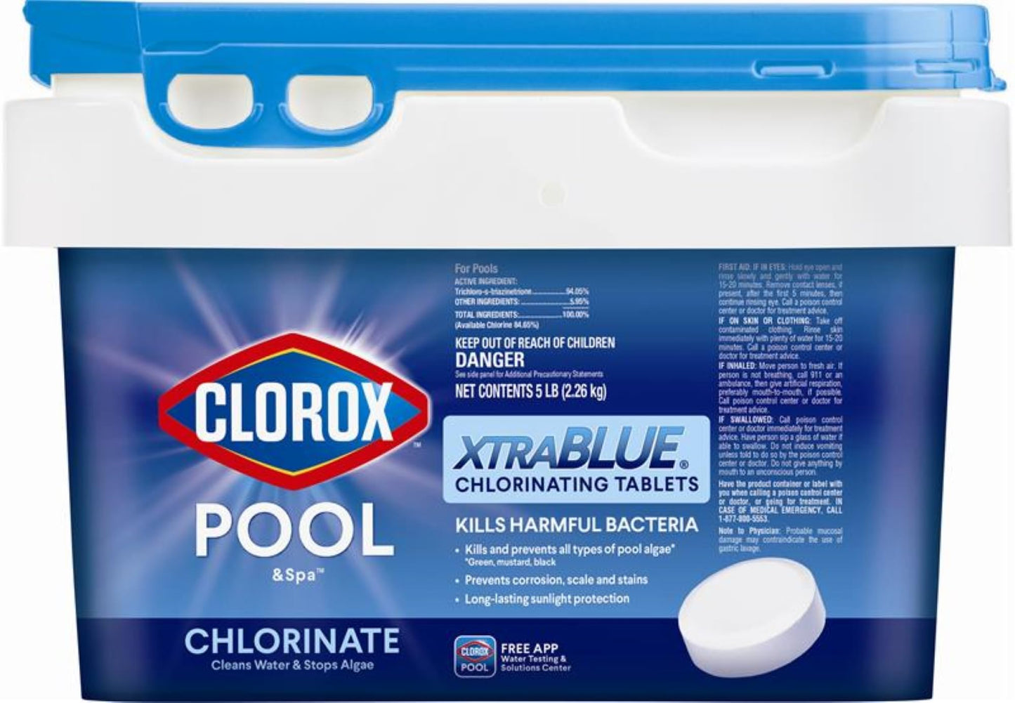 CLOROX Pool&Spa XtraBlue 3” Chlorinating Tablets, Kills Bacteria & Stops Algae, 5 LB