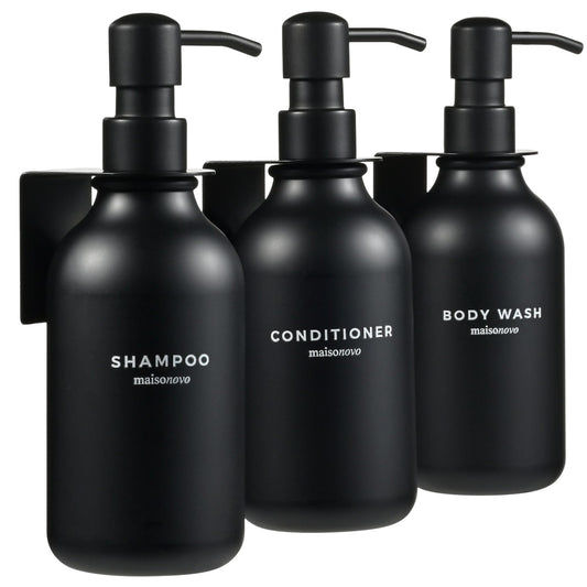 MaisoNovo Shampoo and Conditioner Dispenser - Shower Soap Dispenser Wall Mounted - 16.9 fl oz Set of 3 Black Plastic Bottles Black Pump - Shampoo Dispenser, Shower Dispenser 3 Chamber No Drill