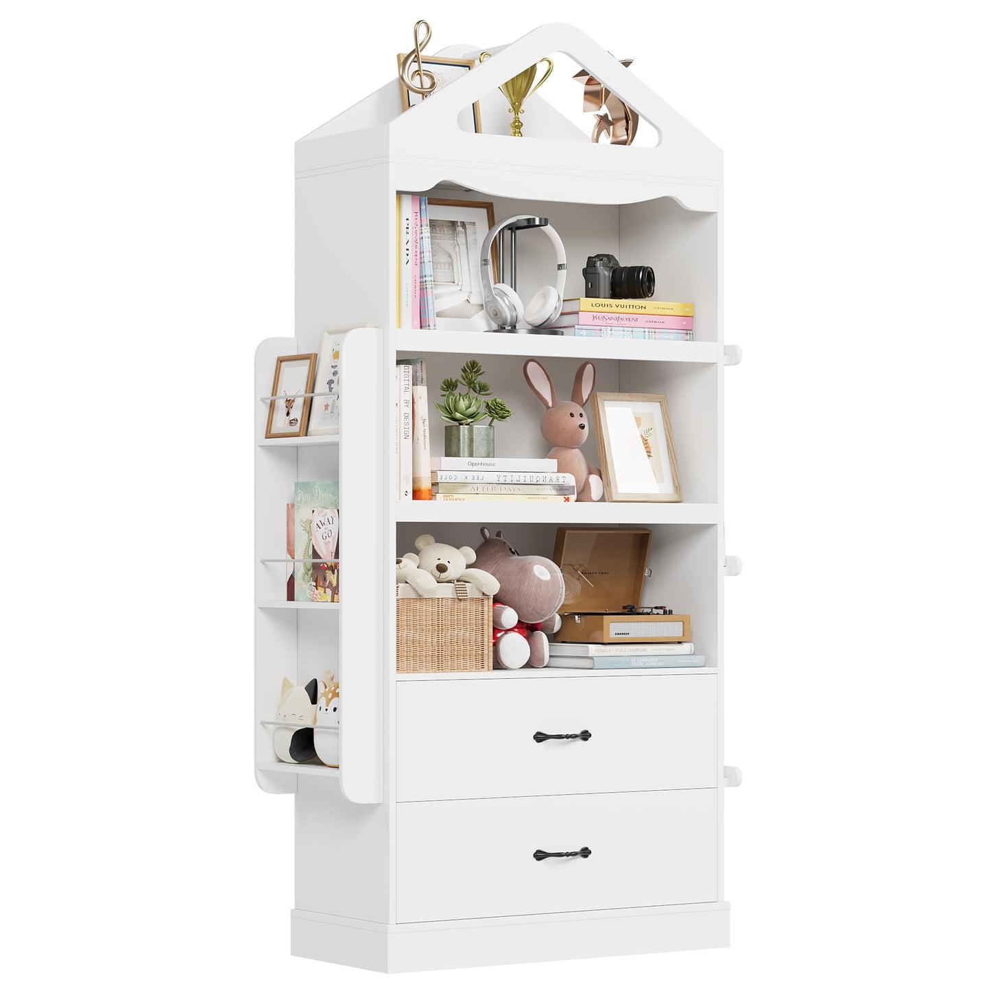 HOSTACK 71" Tall Kids Bookcase, Kids Bookshelf with 2 Drawers, 4 Tier Large Book Shelves, Wood Display Standing Cabinet with Toy Storage Organizer for Nursery, Living Room, Study, White