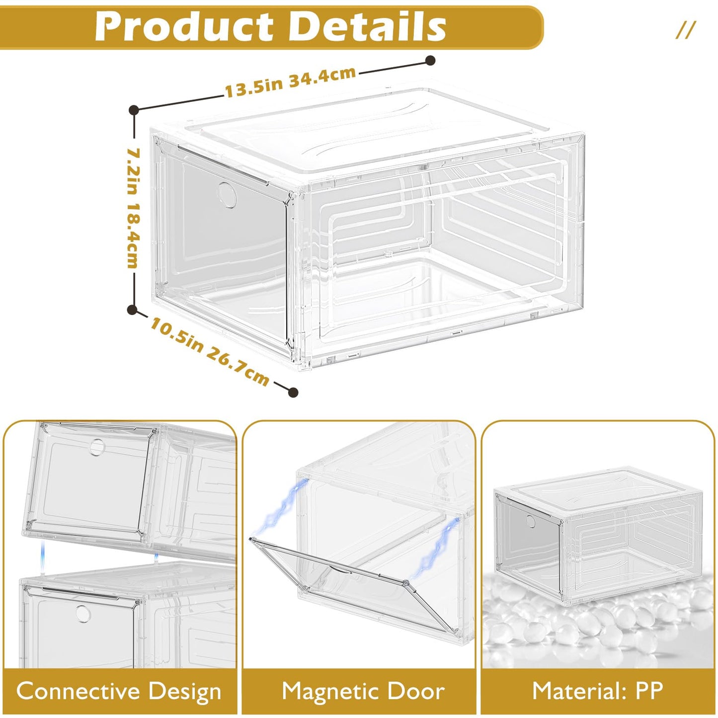 Thicken & Sturdy Clear Shoe Storage Organizer with Magnetic Door, Stackable Boxes for Closet, Foldable Space-Saving Shoe Rack for Sneaker Boot Container, Plastic Shoe Cabinet Shoe Box 6 Pack, White