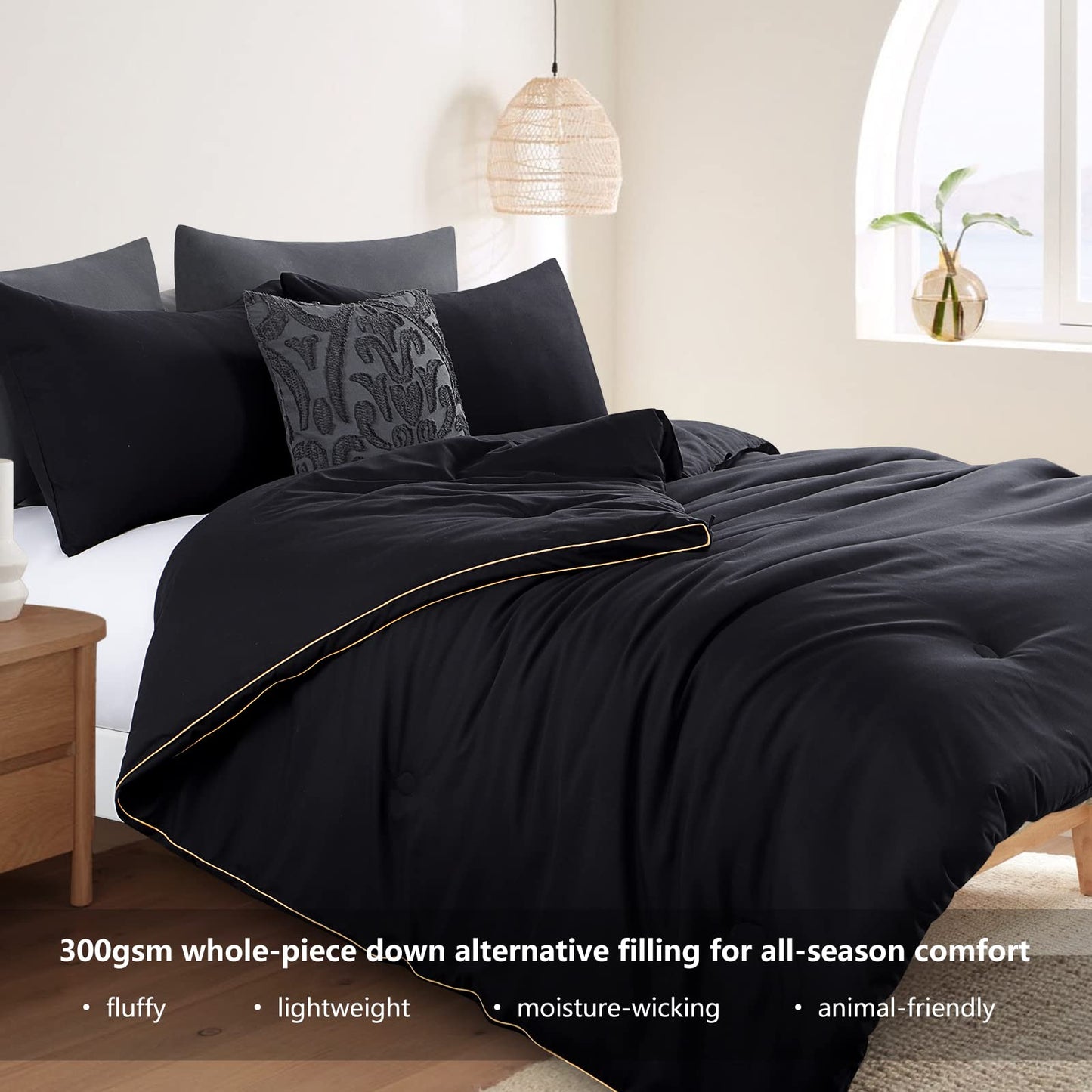 RUIKASI Comforter All Season Cal King Size - Soft Down Alternative, Fluffy & Lightweight, Cooling Black Duvet with Corner Tabs, 102x96 inches, Machine Washable