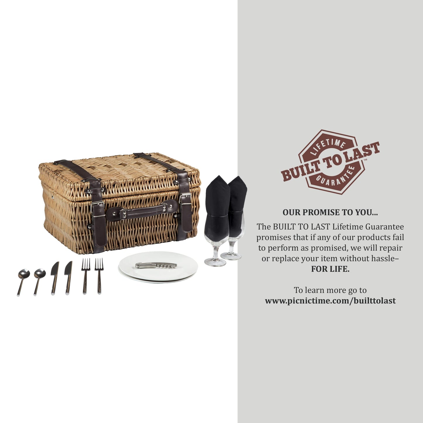 PICNIC TIME Champion Picnic Basket for 2, Large Wicker Hamper Set with Cutlery Service Kit (Black with Brown Accents)