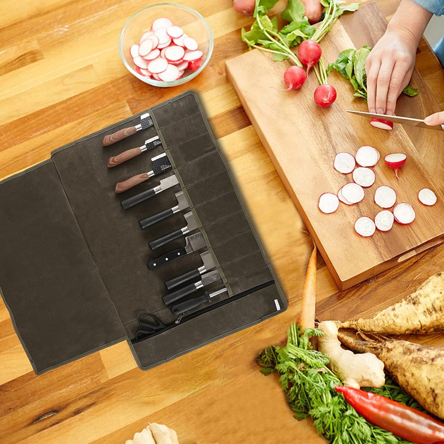 HERSENT Chefs Knife Roll Bag, Waxed Canvas Knife Cultery Carrier, Portable Chef Knife Cases, Knife Pouch Holders with 10 Slots Plus 1 Zipper Pockets Can Hold Home Kitchen Knife Tools Up to 18.8, 1.