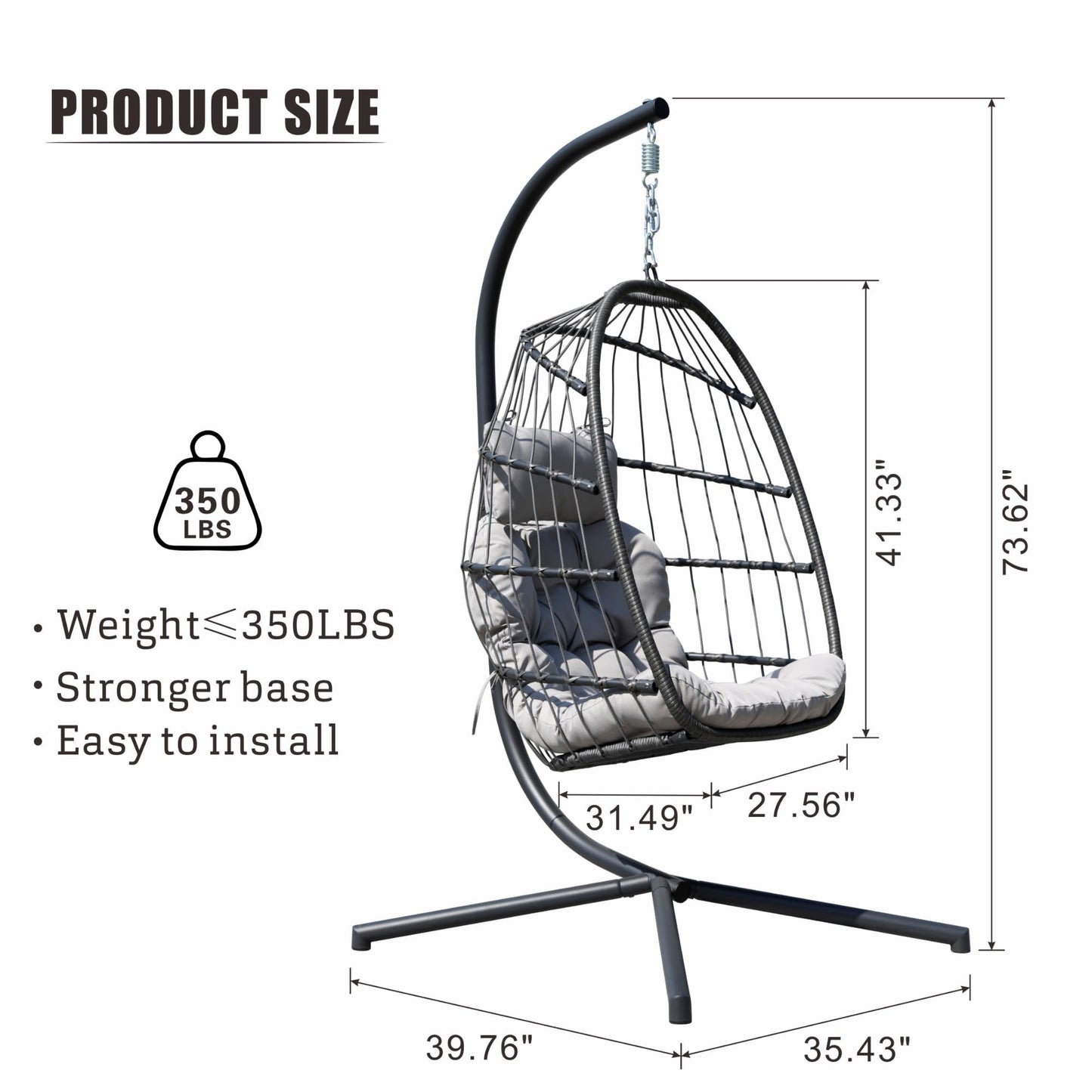 HWB Hanging Egg Chair with Stand, Patio Wicker Hammock Egg Swing Chair with Cushion for Bedroom Garden Indoor Outdoor (Grey)