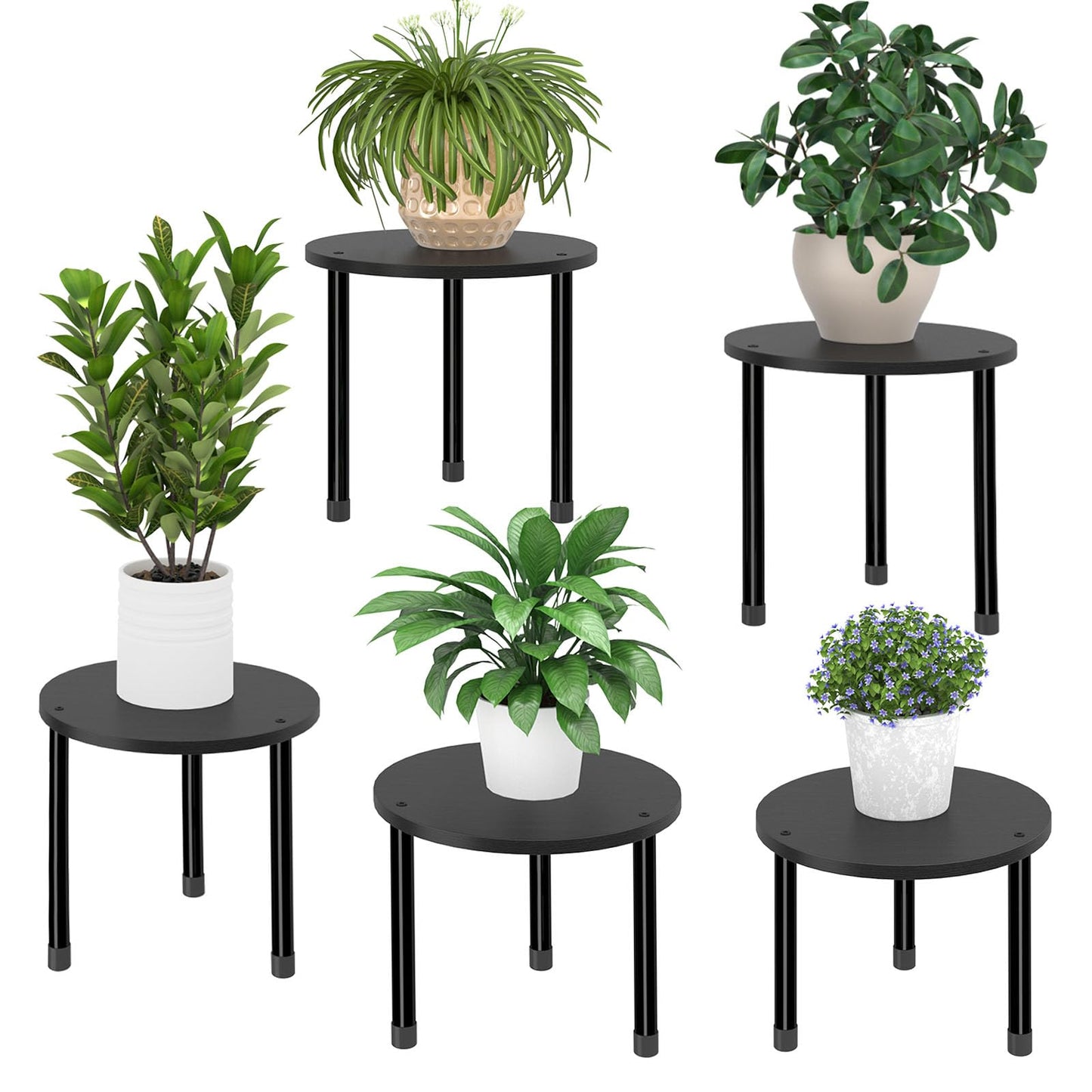 Simple Trending 5 Pack Stackable Plant Stand Indoor Outdoor, Sturdy Wood Flower Pots Stand Shelf, Heavy Duty Metal Plant Holder for Multiple Plant, Black