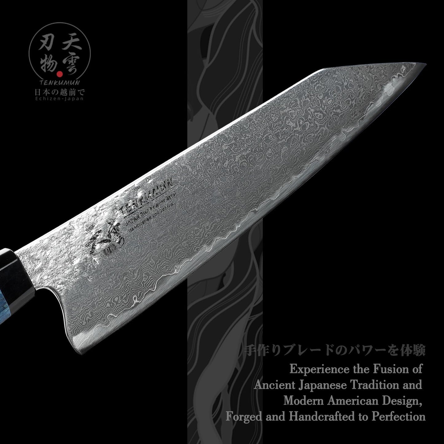 Tenkumun Japanese Gyutou 210mm Profession Santoku Handcrafted 8 inch Chef Knife Handmade Forged Knife Japan SG2 Powder Steel with Blue Wood Handle