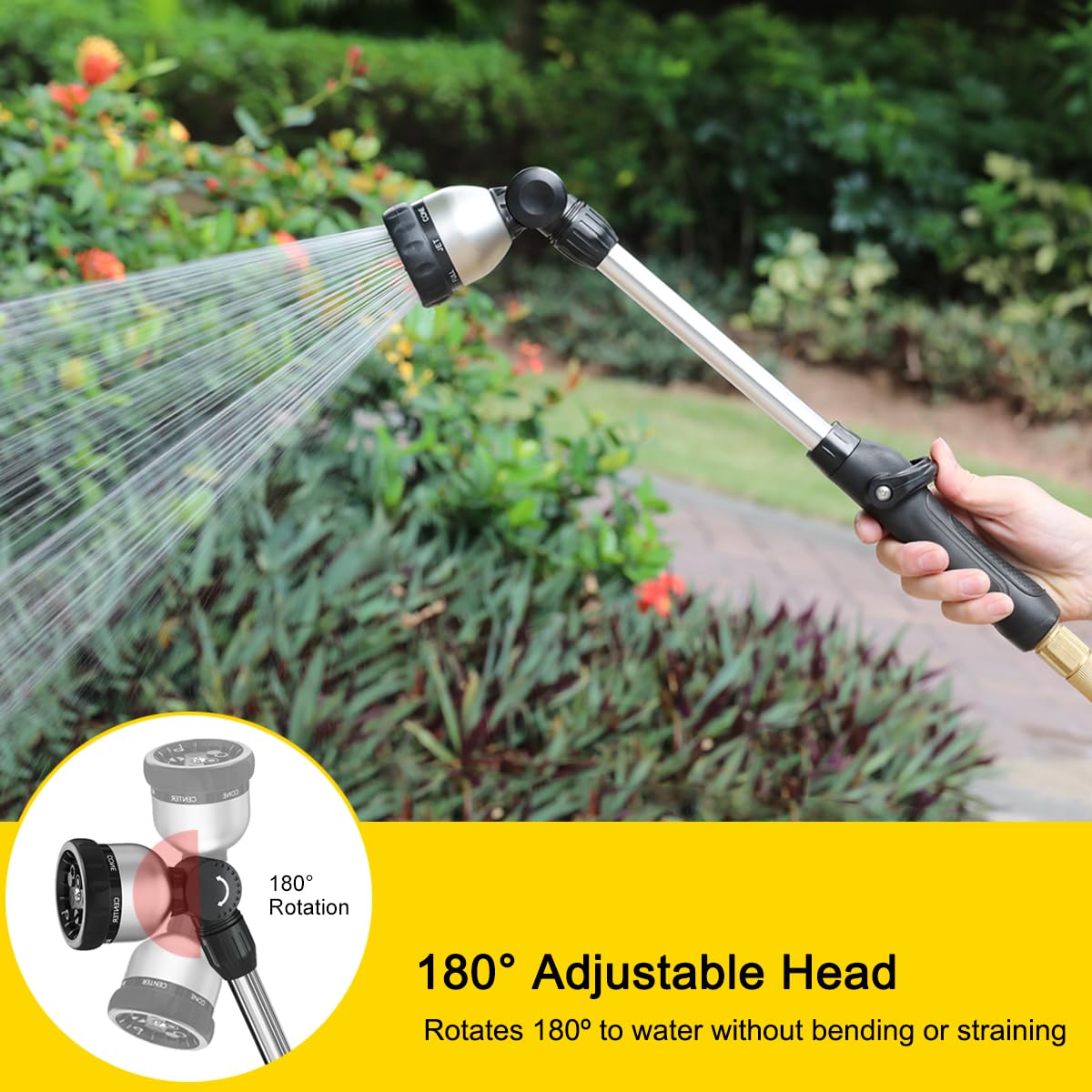 FANHAO Garden Hose Wand Heavy Duty, 16 Inches Metal Watering Wand with 8 Spray Patterns, 180° Rotating Long Hose Nozzle Sprayer Wand with Thumb Flow Control for Watering Hanging Baskets and Shrubs