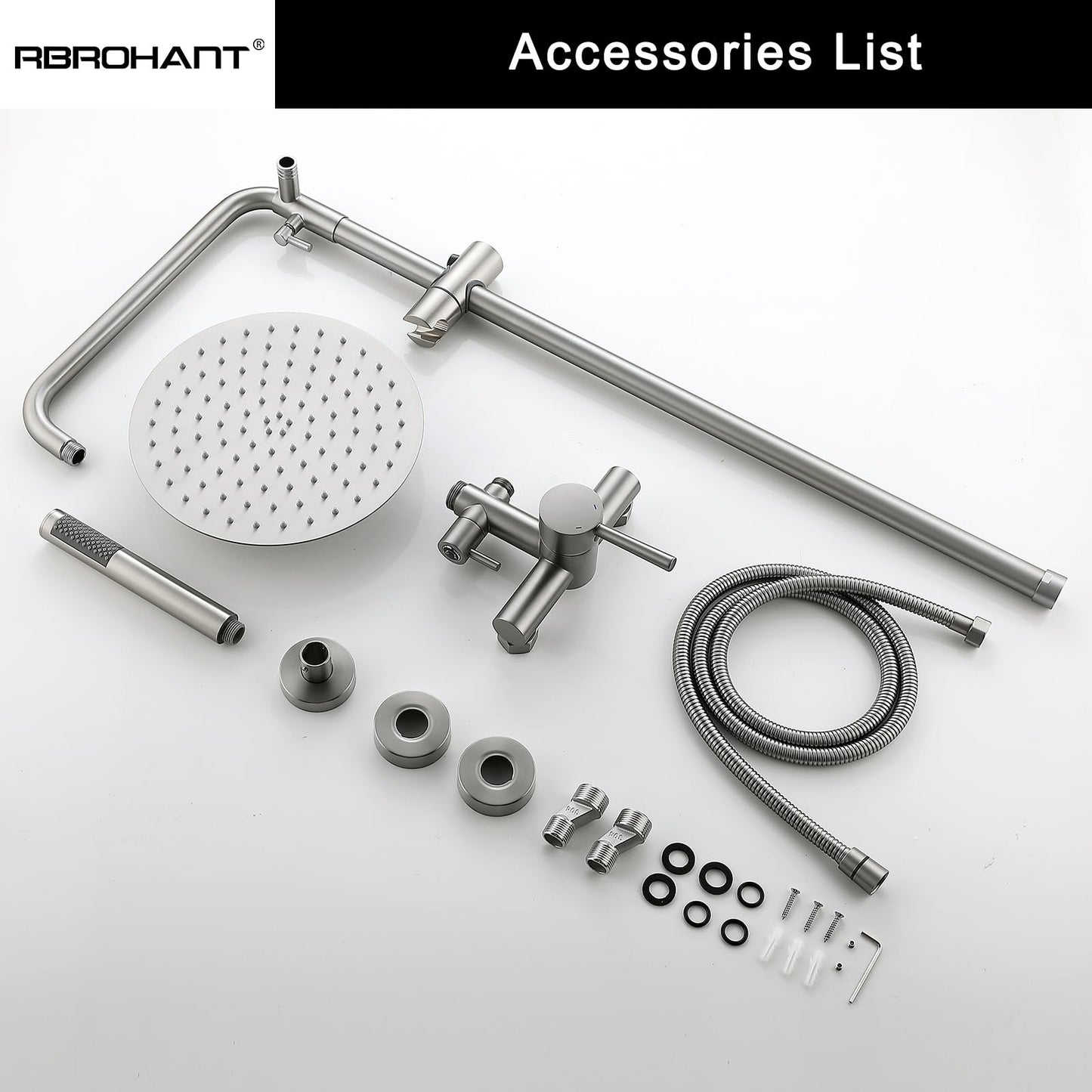 RBROHANT Outdoor Shower, Wall Mount Outdoor Shower Kit, Outside Shower Faucet with Height Adjustable Rain Shower Head and Handheld, Exposed Shower System for Pool, Wall Mounted, Brushed Nickel, JK0290