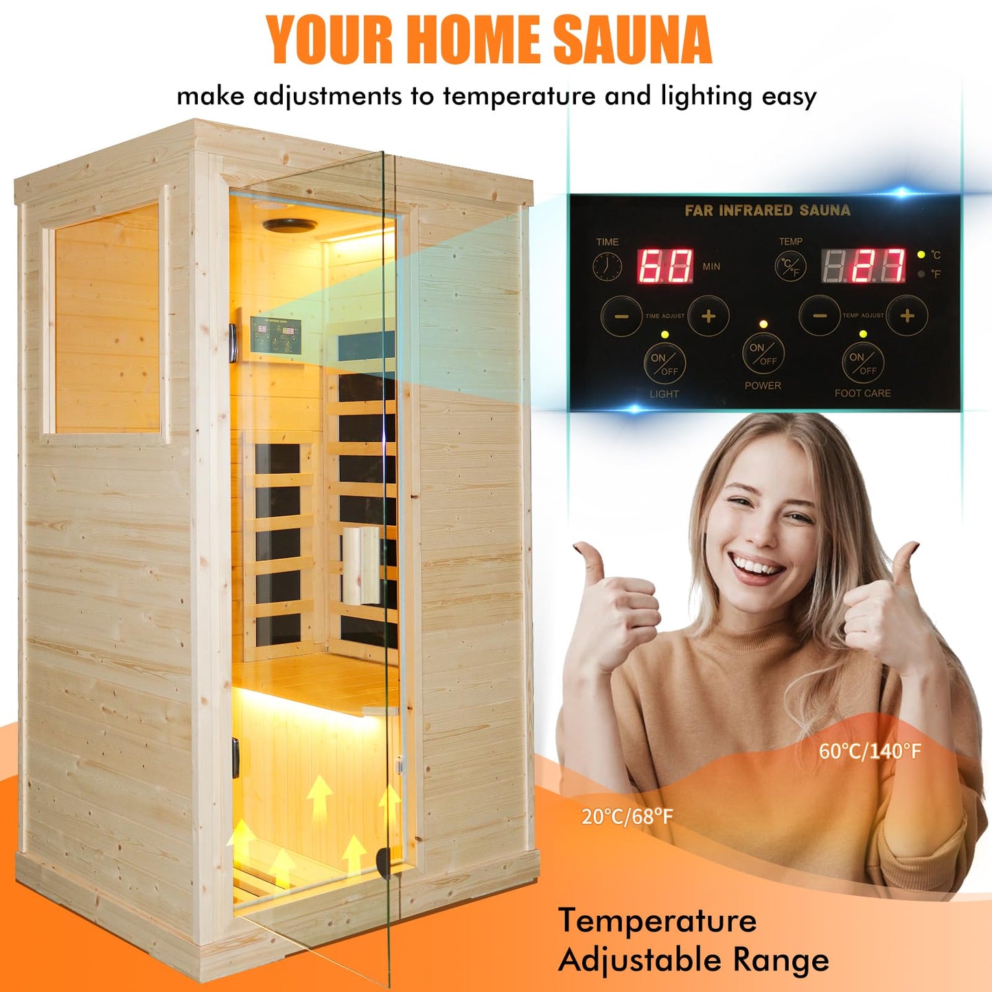 OUTEXER Far Infrared Wooden Sauna Room Home Sauna Spa Low-EMF Dry Saunas Single Person Spa Finland Spruce Wood fit for 7ft Person