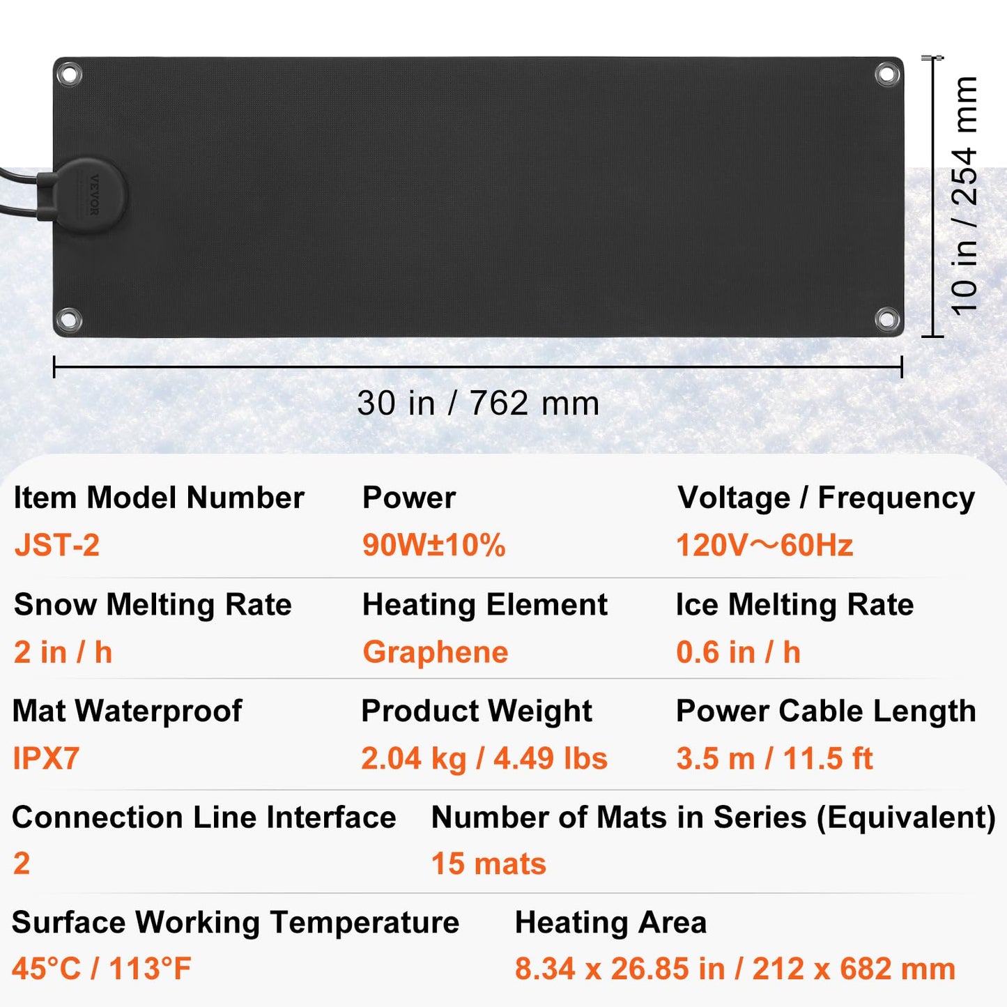 VEVOR Snow Melting Mat 10x30'' Non-Slip Electric Rubber Ice Pad with Power Cord & Graphene Heating for Outdoor-Stairs, Sidewalks, Garages, Decks, Walkways, 10'' x 30''