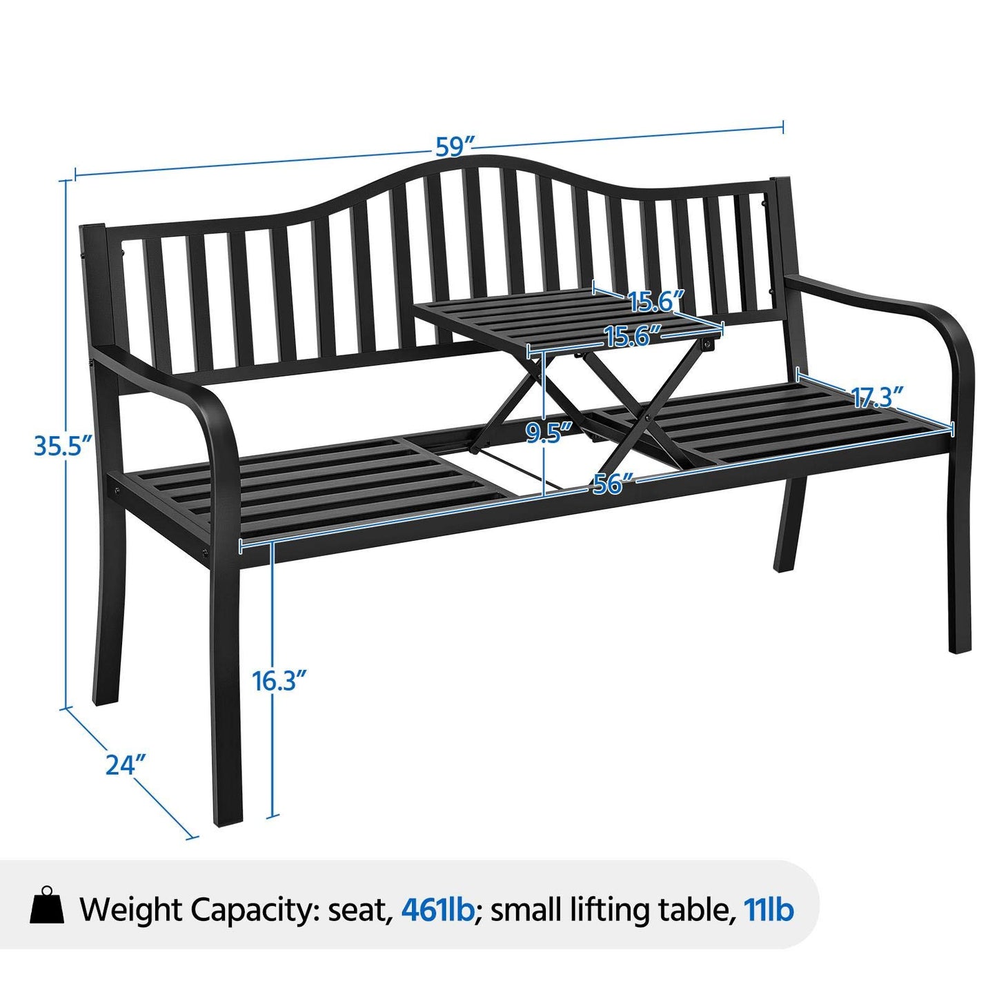Yaheetech Outdoor Garden Bench w/Pullout Middle Table, Metal Patio Bench, Front Porch Bench for Backyard, Weather-Resistant Frame, Patio Seating for 2-3 Person, Black