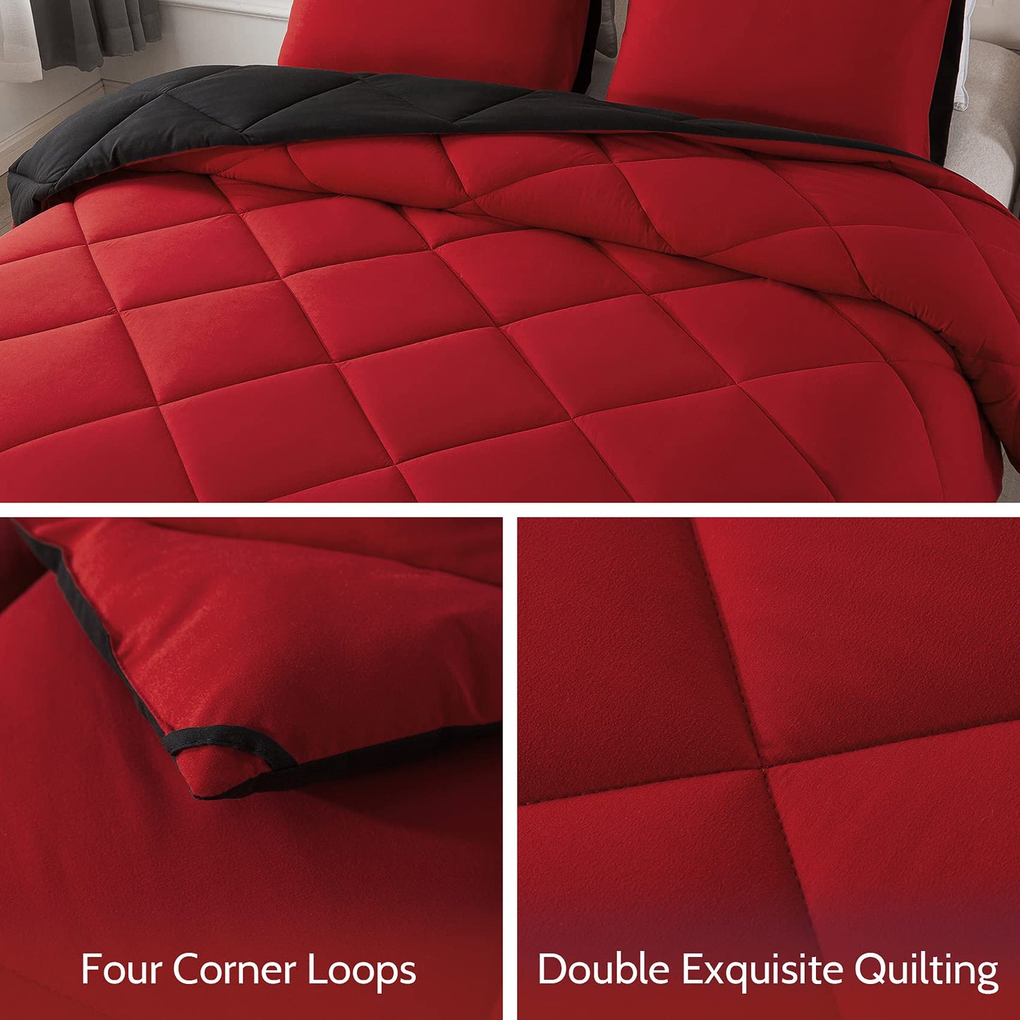 Decroom Lightweight California King Comforter Set with 2 Pillow Sham - 3 Pieces Set - Quilted Down Alternative Comforter/Duvet Insert for All Season - Red/Black - Cal King Size