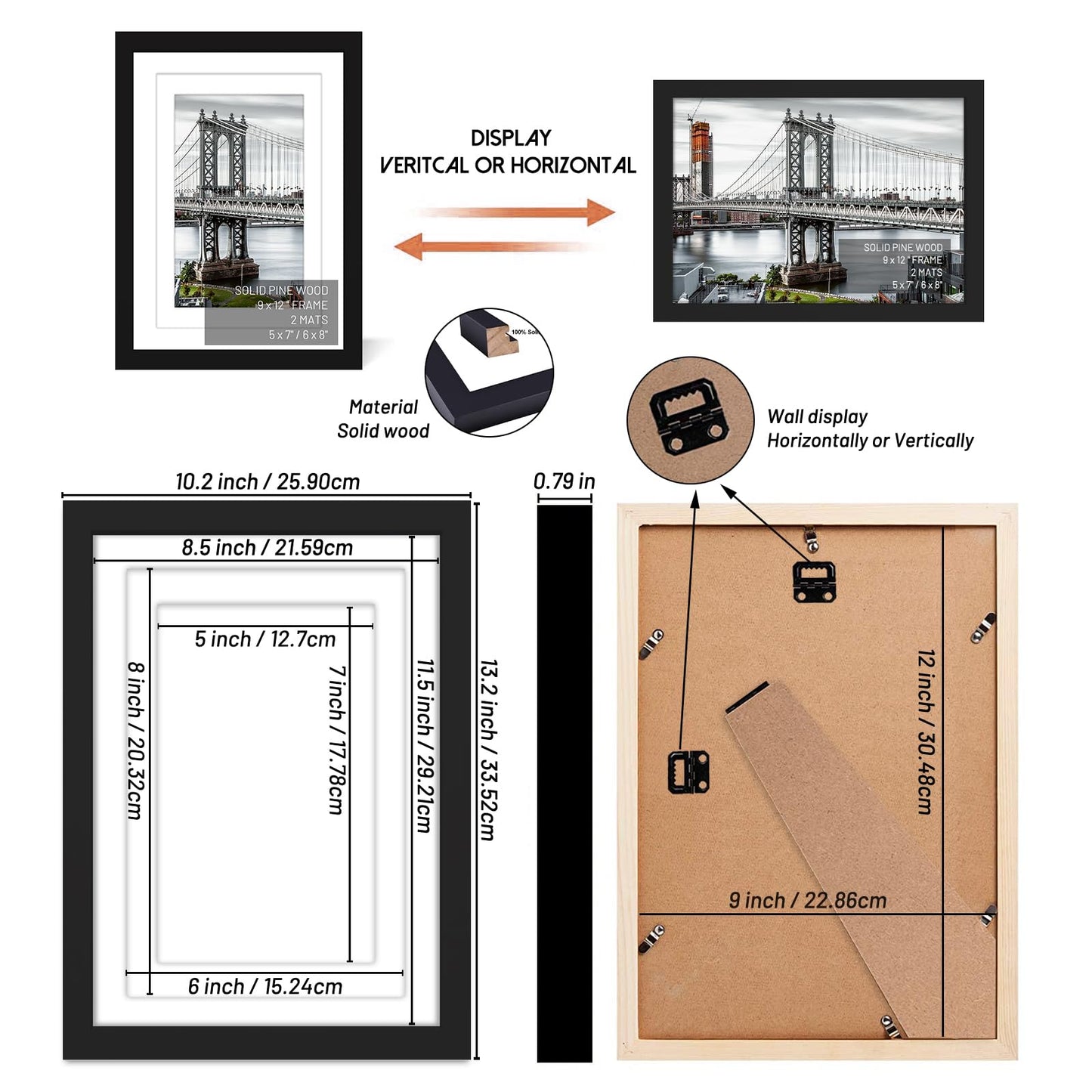 UHFWIFR 9x12 Picture Frames Solid Wood Display Pictures 6x8 or 5x7 with Mat or 9x12 Frame without Mat Poster Photo Frame Art with 2 Mats for Wall Mounting or Table Top(Black)