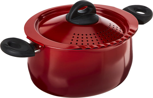 Bialetti 5.5 Quart Pasta Pot with Strainer Lid, Red – Elongated Oval Pot for Longer Spaghetti, Lasagna, Penne & Farfalle Noodles, Heat Resistant Handles & Nonstick Interior, Large Pot for Cooking