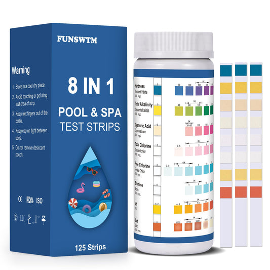 Pool Test Strips, 125ct 8 in 1 Pool and Spa Test Strips for Hot Tub, Swimming Pools and Salt Water Pools - Easy to Test pH, Chlorine, Alkalinity, Hardness, Cyanuric Acid, and Salt Testing Kit