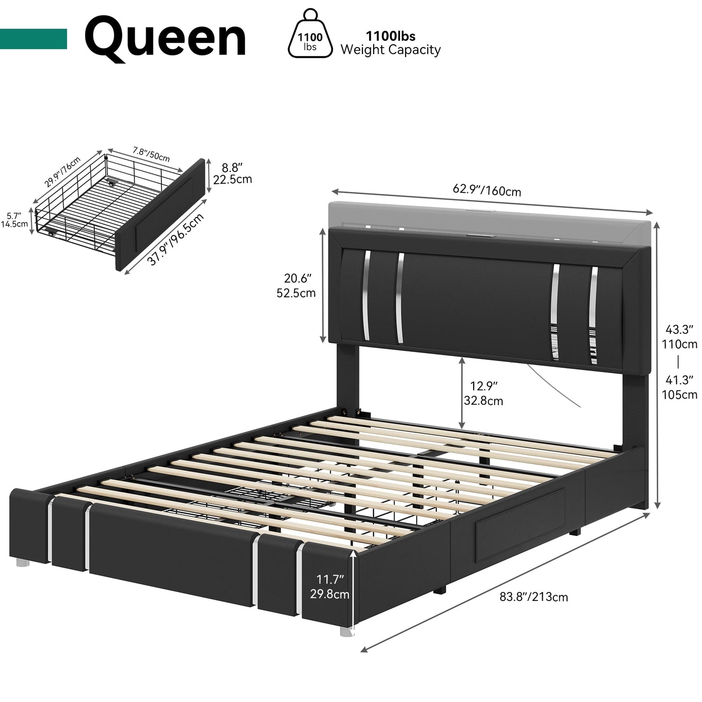 YITAHOME Queen Bed Frame with Adjustable Headboard, Upholstered Platform Bed with RGB LED Lights & 2 Storage Drawers, Glossy Silver Metal Accents, No Box Spring Needed (Black)