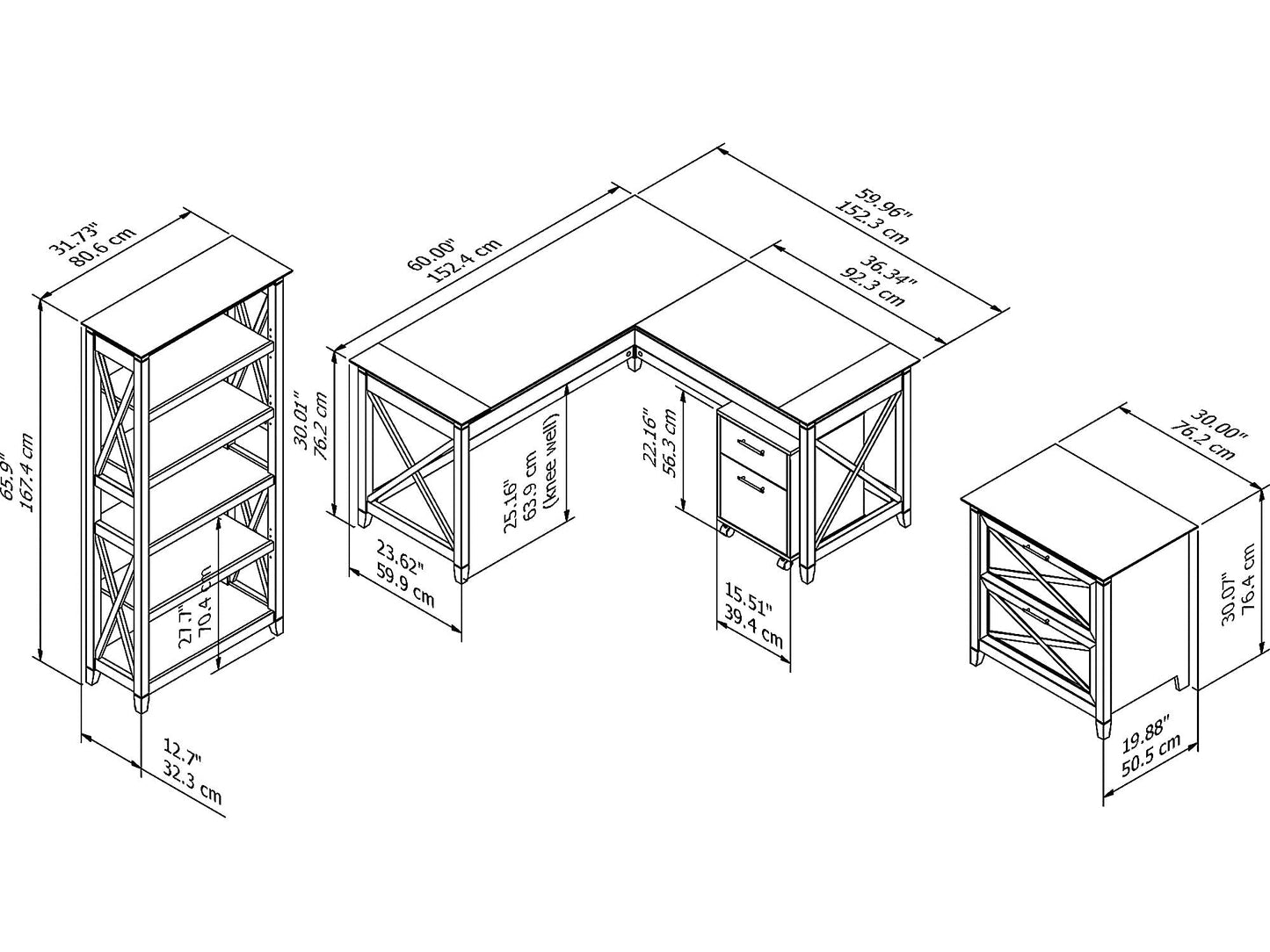 Bush Furniture Key West 60W L Shaped Desk with File Cabinets and 5 Shelf Bookcase in Pure White Oak