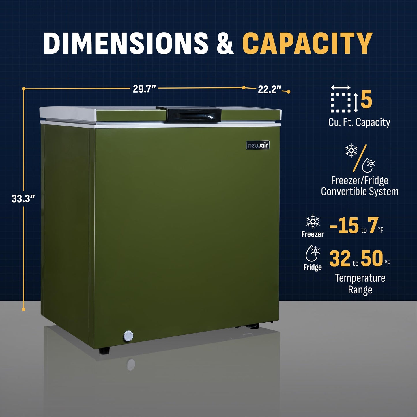 Newair 5 Cu. Ft. Chest Freezer with Removable Basket, Quiet Deep Freezer, Digital Temperature Control, Top Open Door Alarm, Fast Freeze Mode, Mini Freezer, Garage Storage, Olive Green