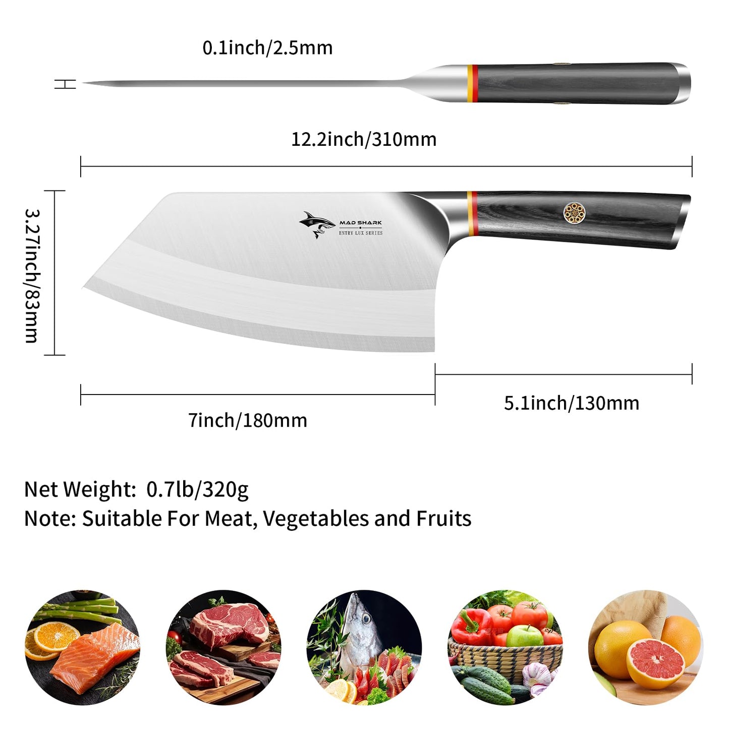 MAD SHARK High-end Cleaver Knife 7 Inch for Vegetable and Boneless Meat, Razor Sharp Chinese Chef Knife, kitchen Knife, Meat Cleaver Knife, Chopping Knife, with beautiful Pakkawood Handle