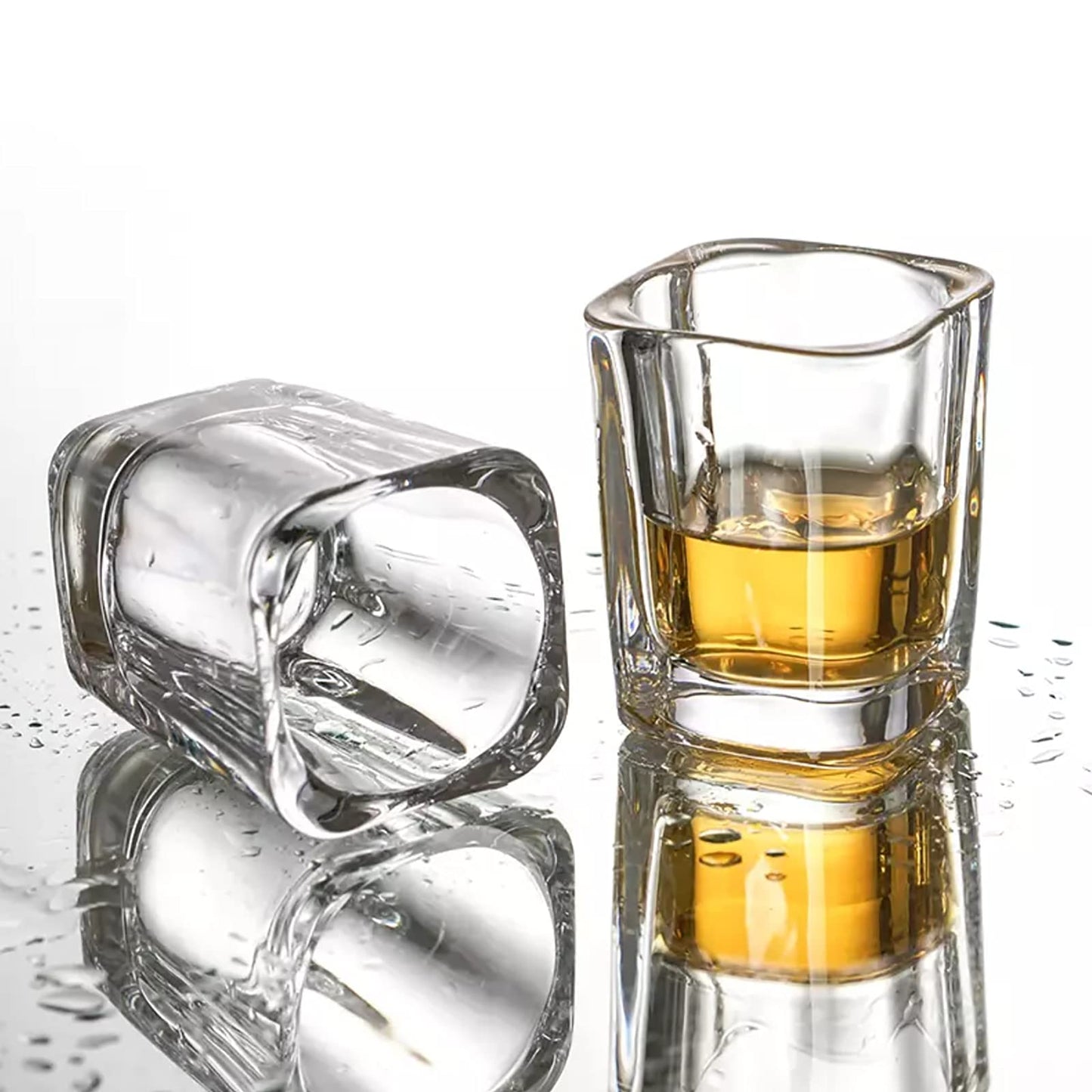 Vivimee Shot Glass Holder Set with 12 Clear 2.3 oz Square Crystal Shot Glasses & Rustic Burnt Wood Serving Tray for Whiskey, Tequila, Liqueurs, Party & Collection