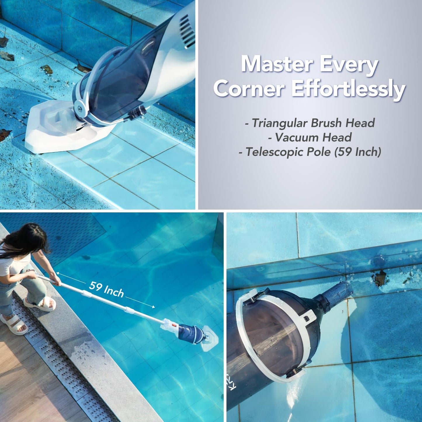 Pool Vacuum for Above & In-ground Pool with a Telescopic Pole, Handheld Pool Vacuum Pool Keeper K1, Cordless Rechargeable Pool Vacuums Cleaner for Hot Tubs, Spas, Fast Deep Cleaning, 60 Mins Runtime