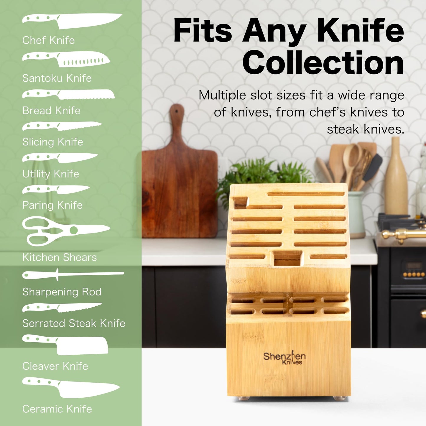 Shenzhen Knives 20 Slot Universal Knife Block: Large Bamboo Finish Wood Knife Block without Knives - Countertop Butcher Block Knife Holder and Organizer with Wide Slots for Easy Kitchen Knife Storage