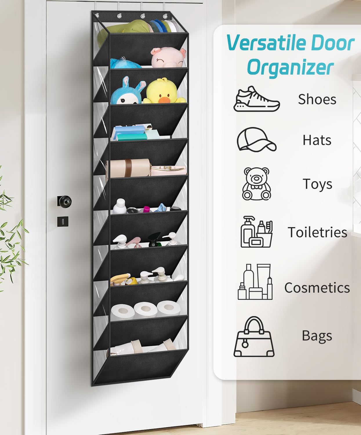 AOODA 10 Tier Clear Over the Door Shoe Organizer Storage, Deep Pockets Large Hanging Shoe Rack for Closet Door, Fit 20 Pairs Shoe Holder Hanger for Sneakers, Boots (Black)