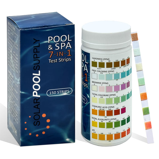 7-in-1 Pool Test Strips - 150 Pool Water Chemical Test Strips - Super Easy to Use - Results in Seconds - Great for Pools, Spas & More! Test pH, Chlorine, Alkalinity, Bromine, Hardness, Cyanuric Acid