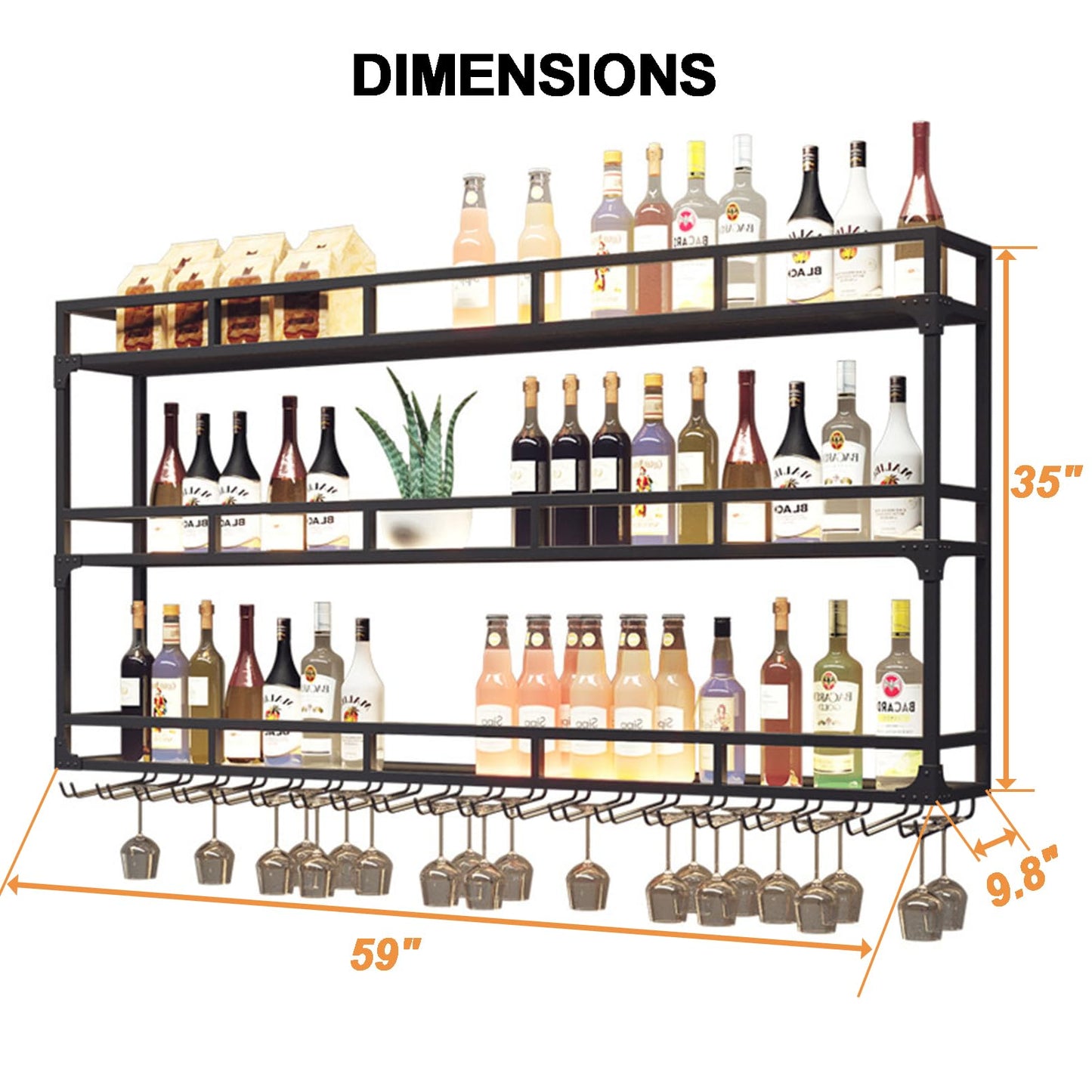 Large Heavy Duty 59in Wine Rack with LED Wall Mounted Bottle Glass Holder Under Shelf, 3-Tiers Liquor Floating Shelves Display Storage Organizer Hanging Long Stemware Goblet Metal for Home Bar