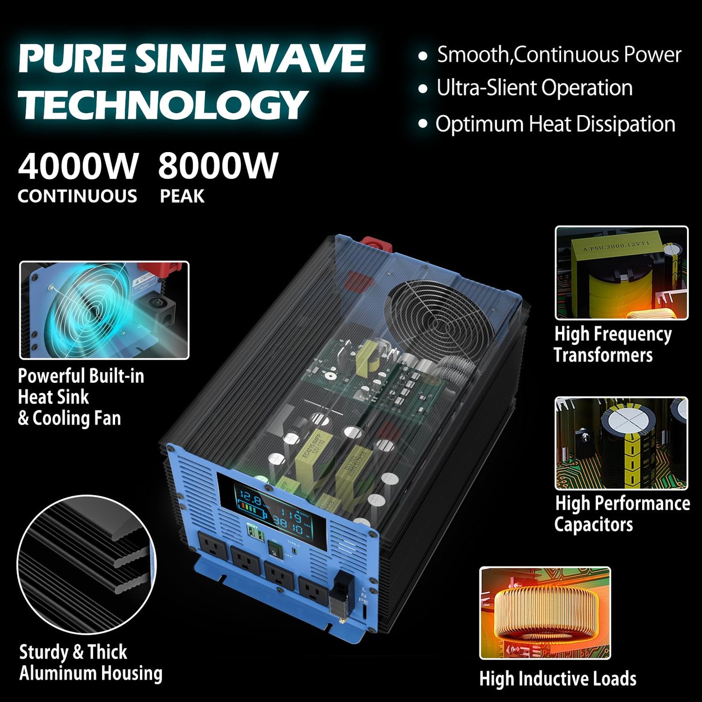 4000W Pure Sine Wave Power Inverters DC 12V to AC 110V 120V with Type-C 4 AC Outlets Dual USB Ports Terminal Blocks LCD Display Wireless Remote Controller for Home RV Solar System Car