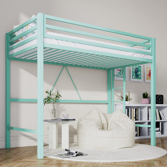 SHA CERLIN Junior Loft Bed Twin Size, Heavy Duty Twin Bed Frame with Full-Length Guardrail & Removable Stairs, Noise Free, Space-Saving, No Box Spring Needed, Aqua Blue
