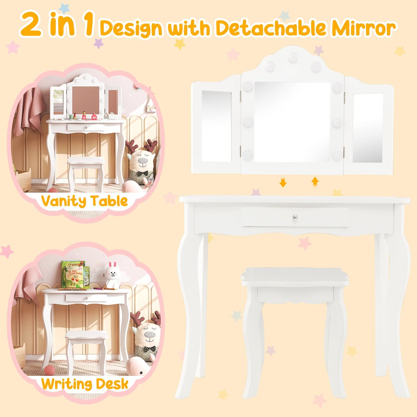 Costzon Kids Vanity, Girls Vanity Set with Mirror and Stool and Lights, Drawer, 2 in 1 Wooden Princess Makeup Desk Dressing Table, Toddler Vanity, Pretend Play Kids Vanity Table and Chair Set (White)