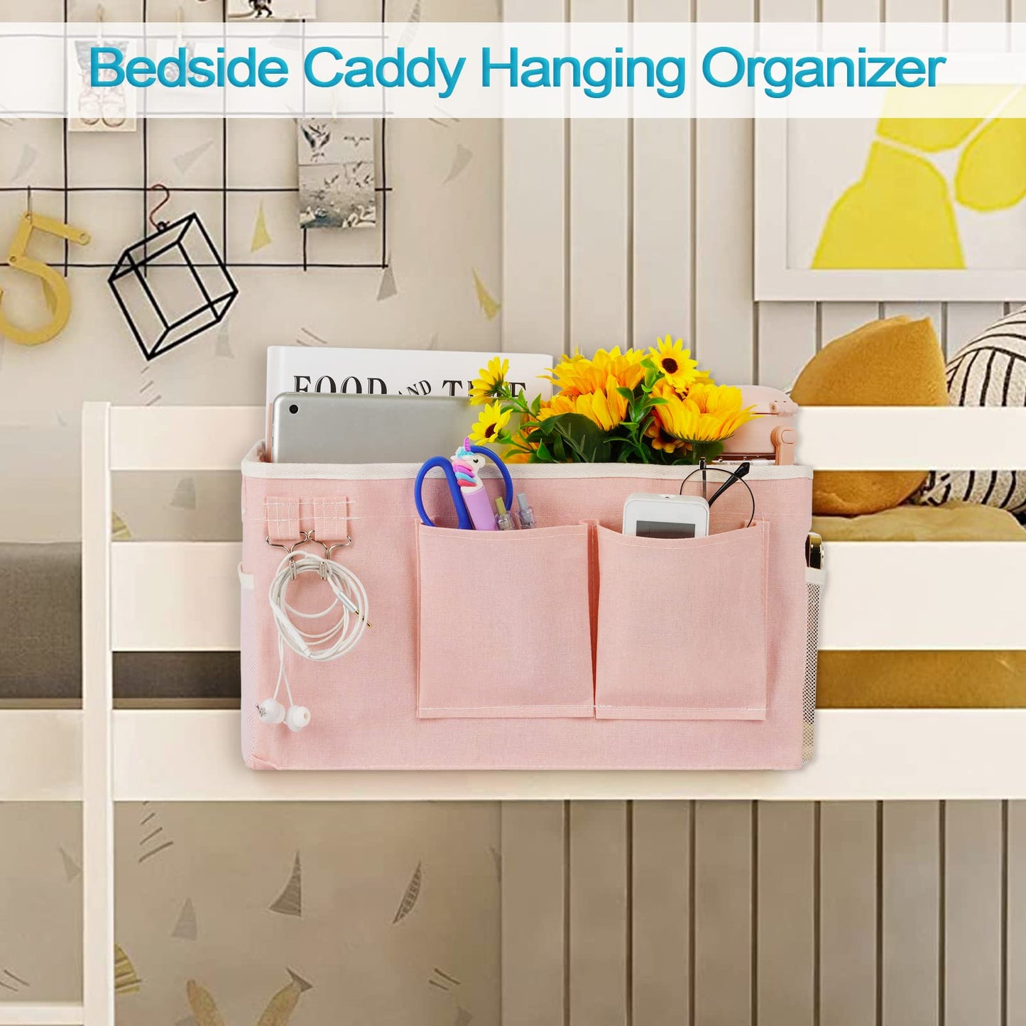 Loghot Bedside Caddy/Bedside Storage Bag Hanging Organizer for Bunk and Hospital Beds,Dorm Rooms Bed Rails,Can be Placed Glasses,Books,Mobile Phones,Keys (Light Pink)