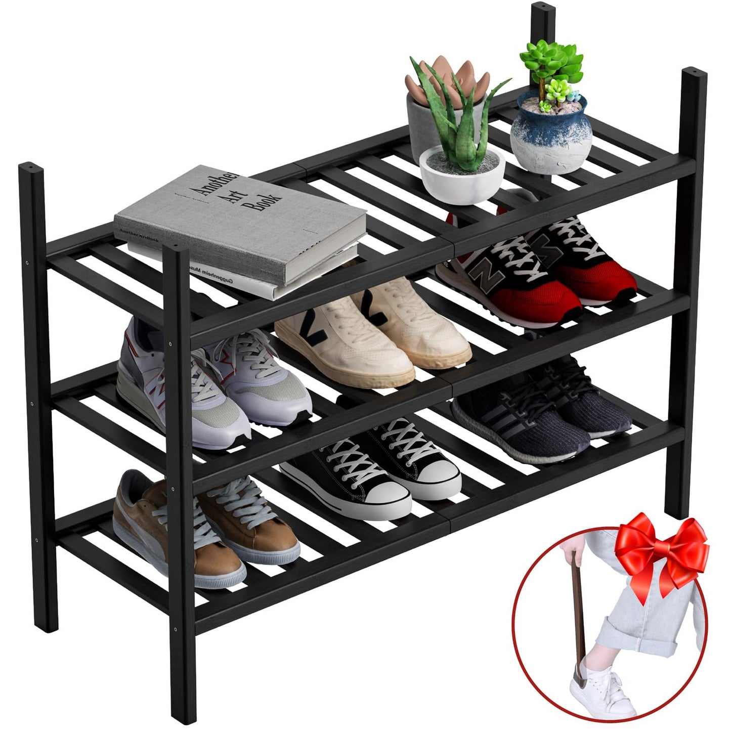 VOPOG Shoe Rack, 3-Tier Bamboo Shoe Rack for Front Door Entrance with Shoe Horn, Stackable Shoe Rack Organizer Shoe Shelf for Entryway, Hallway, Bathroom, and Closet Shoe Organizer - Black