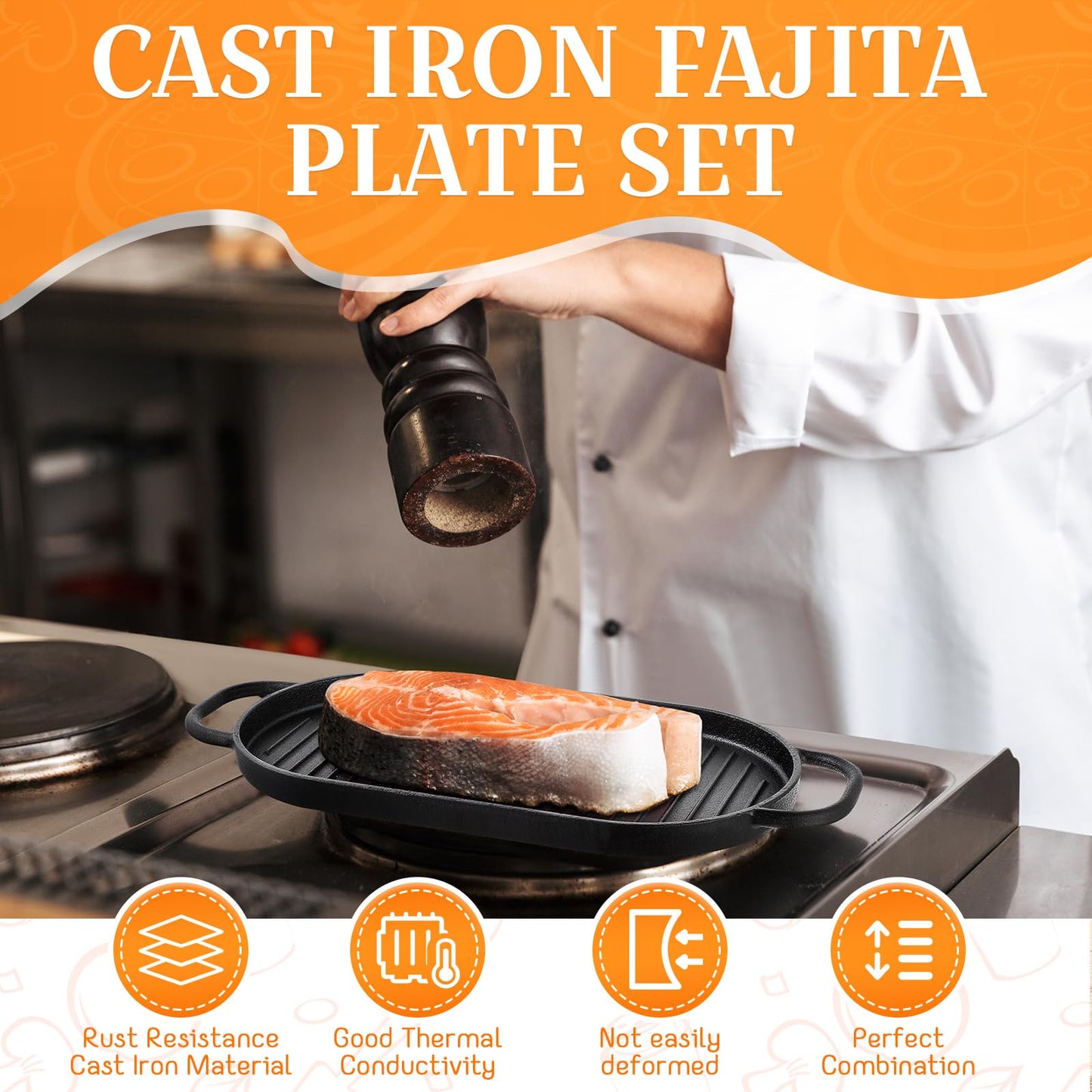 Yiyiring 4 Pcs Cast Iron Fajita Skillet Pan Set Sizzling Steak Plate with Wooden Base and Removable Handle Cast Iron Grill Frying Pan for Home Restaurant Kitchen Cooking (12 x 6.3 Inch)