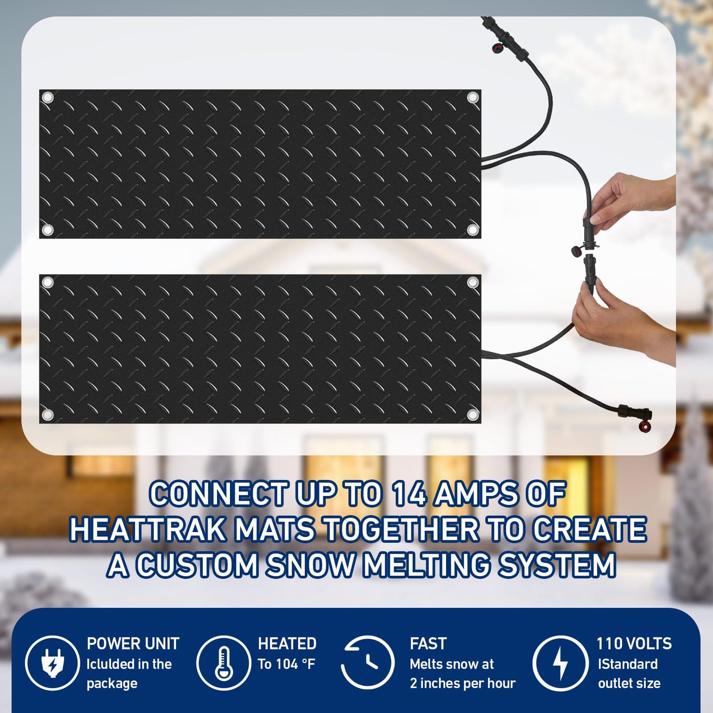 Riakrum 8 Pcs Heated Snow Melting Mats Outdoor Slip Proof Ice Heated Rubber Mat for Driveway Walkway Decks and Sidewalks Connection with 9.84 ft Power Cord for Winter Stairs (10 x 30 Inch)