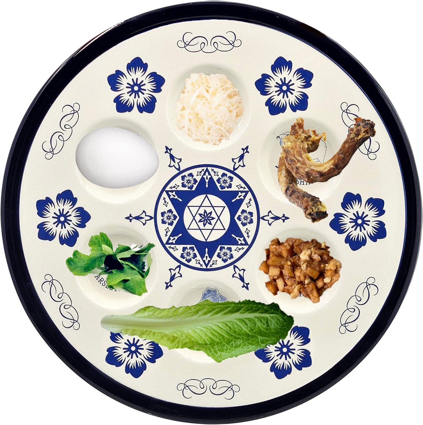 The Dreidel Company Ceramic Seder Plate Renaissance Design Passover Plate, 12" Inch Diameter - Blue (Renaissance Design)