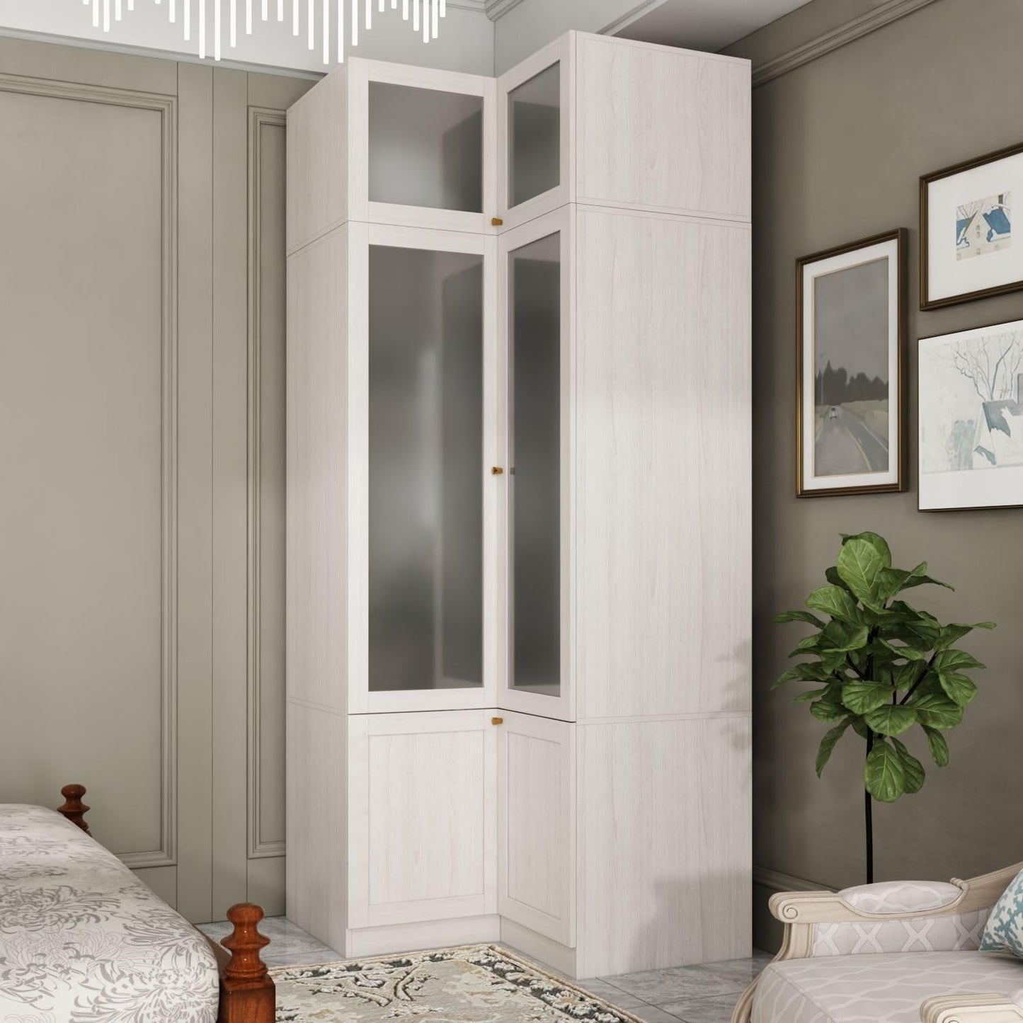 TAMUNE L-Shape Wardrobe Armoire Closet with Hanging Rod & Shelf, Bedroom Armoire with Frosted Glass Doors, Top Cabinets & Gold Knobs, Wood Grain, 35.4”D x 35.4”W x 86.6”H