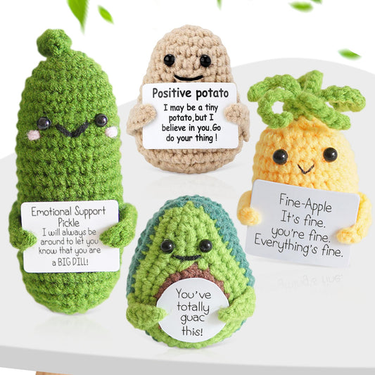 Urbun 4PCS Handmade Positive Crochet Doll Set-Emotional Support Pickle, Positive Potato, Avocado and Pineapple,Cute Encouragement Ornament Cucumber Knitted Doll with Positive Card