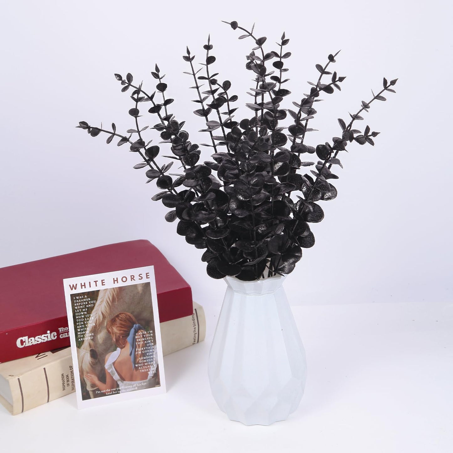 LYDTICK 30 PCS Black Artificial Eucalyptus Stems Faux Flowers Fake Eucalyptus Leaves for Home Halloween Table Farmhouse Décor, 1 Branch