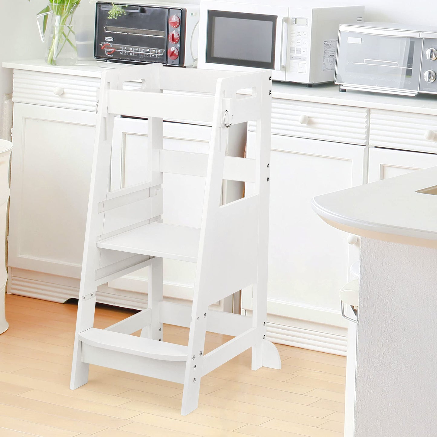 TOETOL Bamboo Toddler Kitchen Step Stool White Helper Standing Tower Height Adjustable with Anti-Slip Protection for Kids Kitchen Counter Learning