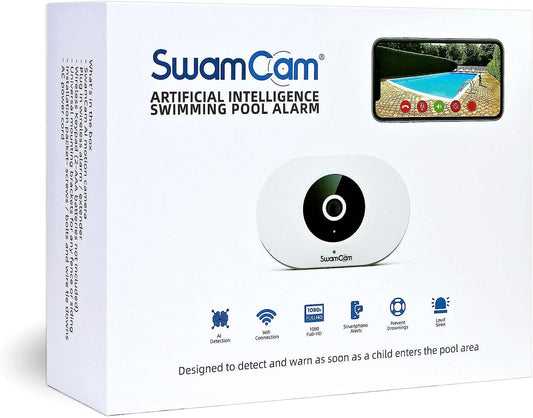 SwamCam Pool Alarm Camera - ASTM F2208 Certified - Wifi + App Operated Pool Alarms for Inground Pools and Above Ground - Alerts Onsite, In Home & Phone BEFORE Child Enters Pool - View Remotely Anytime