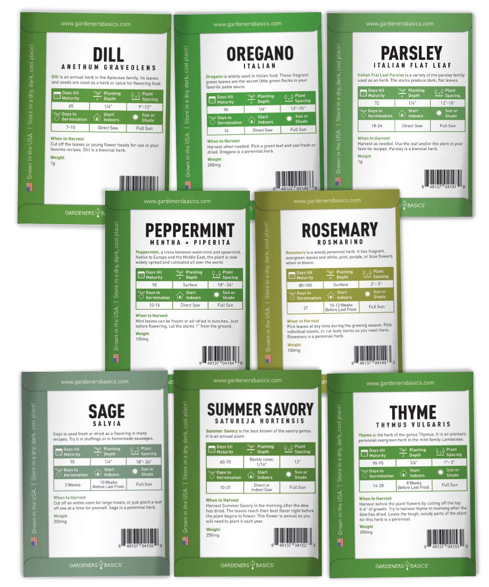 Gardeners Basics, 15 Herb Seeds For Planting Varieties Heirloom Non-GMO 5200+ Seeds Indoors, Hydroponics, Outdoors - Basil, Catnip, Chive, Cilantro, Oregano, Parsley, Peppermint, Rosemary and More