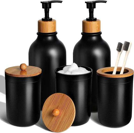 ALPIRIRAL Black Bathroom Accessories Set 5 Pcs, Matte Black Bathroom Accessories, Plastic Soap Dispenser and Toothbrush Holder Set, Qtip & Cotton Ball Holder, Black Bathroom Set, Boho Bathroom Decor