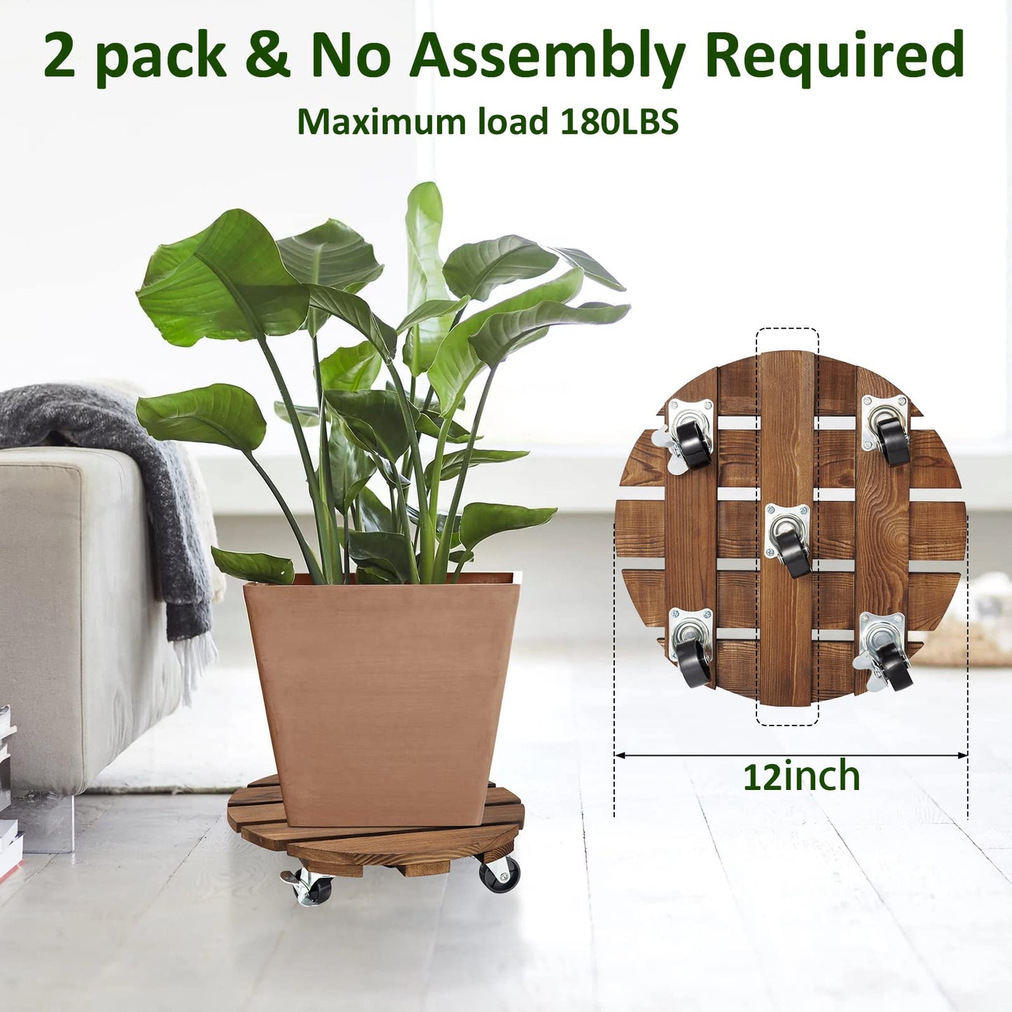 Yangbaga 2pack Plant Caddy 12’’Wood Duty Rolling Plant Stand with 2 360° Lockable Caster Wheels,Indoor Outdoor on Roller Patio/Flower Pot/Succulent Pots