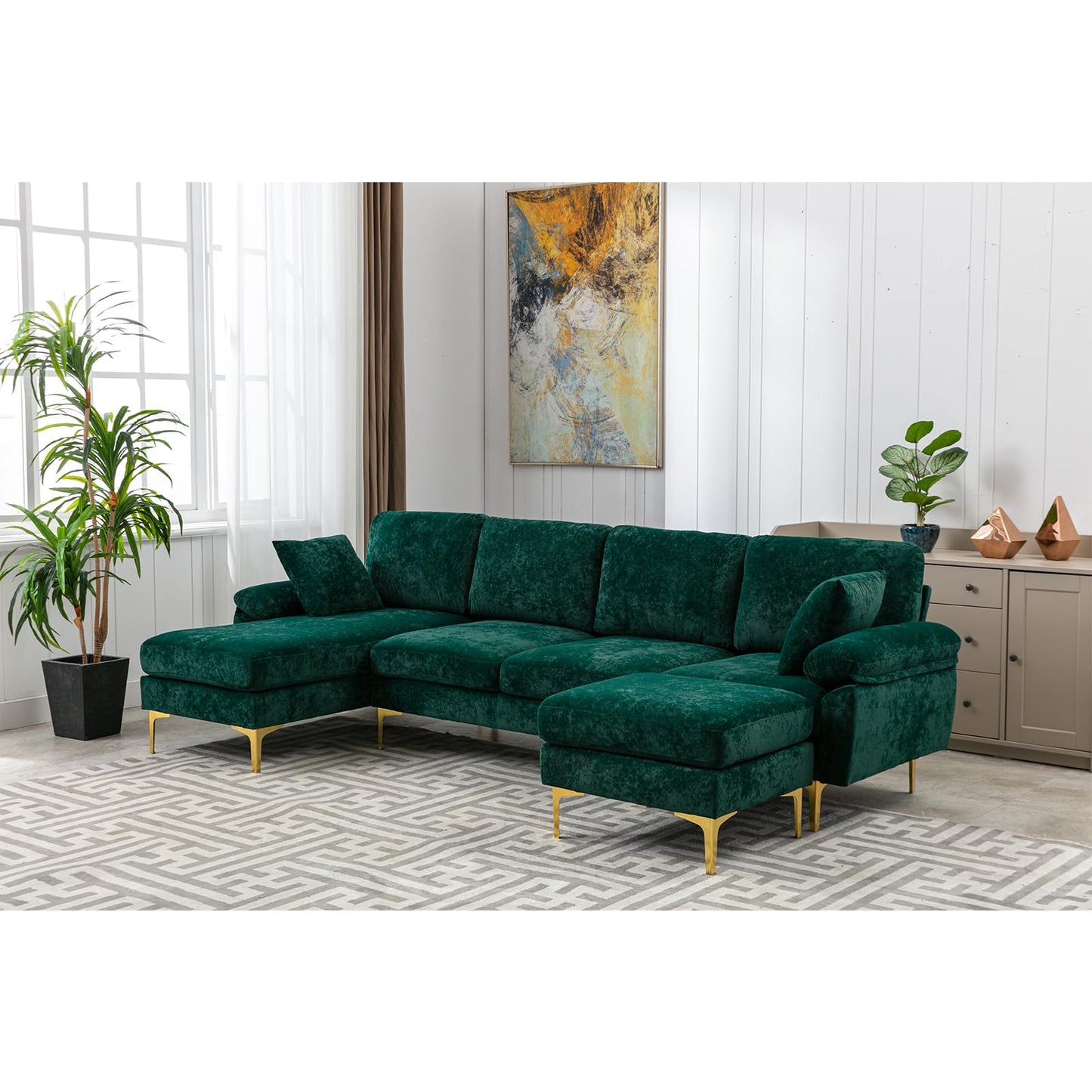 OUYESSIR U-Shaped Sectional Sofa Couch, 4 Seat Sofa Set for Living Room, Convertible L-Shaped Velvet Couch Set with Reversible Chaise Lounge, Ottoman and Pillows,114 inches (Emerald Green)