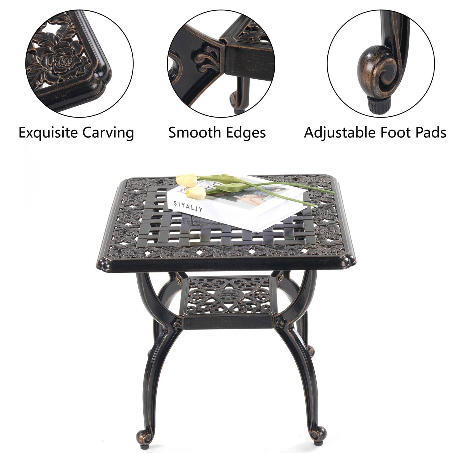 Mandolin Outdoor Patio Table,Rust -Resistant Cast Aluminum Side Table,Weather Resistant End Table，Coffee Table， Perfect for Patio, Backyard Or Garden. W 20.8" X H18.5(Aluminum Square, Copper)