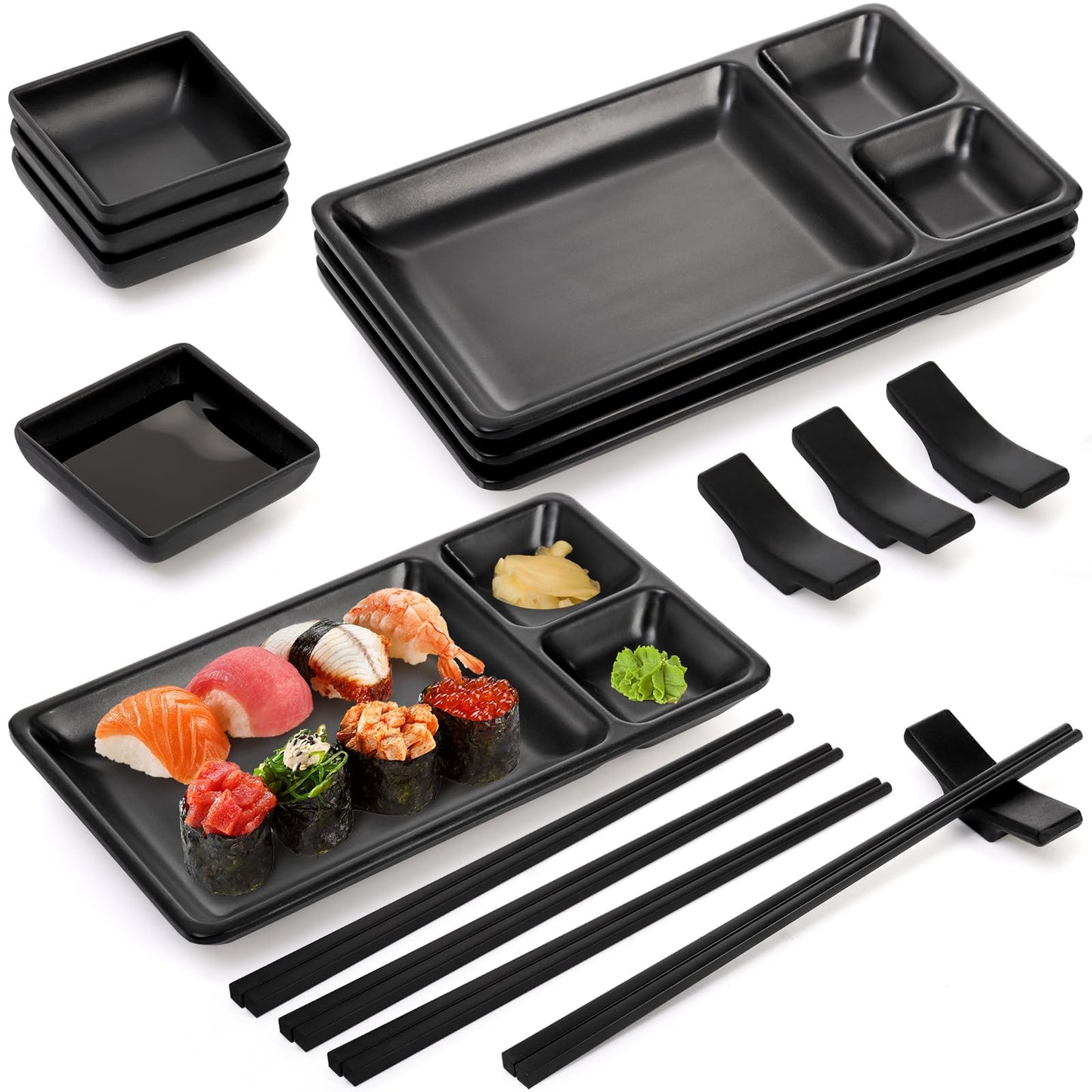 Pumtus 16 Piece Japanese Sushi Plate Set, Melamine Sushi Serving Set, Sushi Dinnerware Set - Includes 4 Sushi Serving Plates, 4 Sauce Dishes, 4 Pairs of Chopsticks, 4 Chopstick Holders (Black)